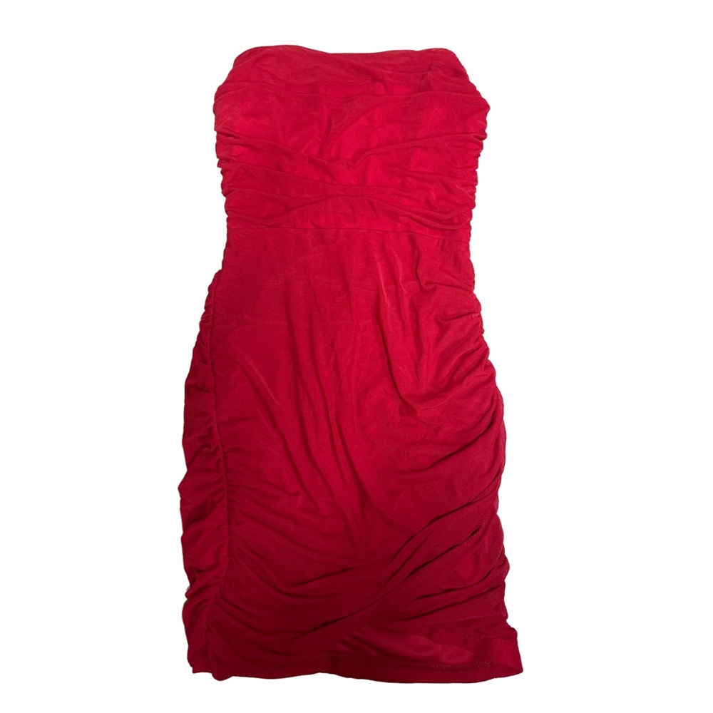 Red Strapless Ruched Mini Dress - Picture 2 of 4